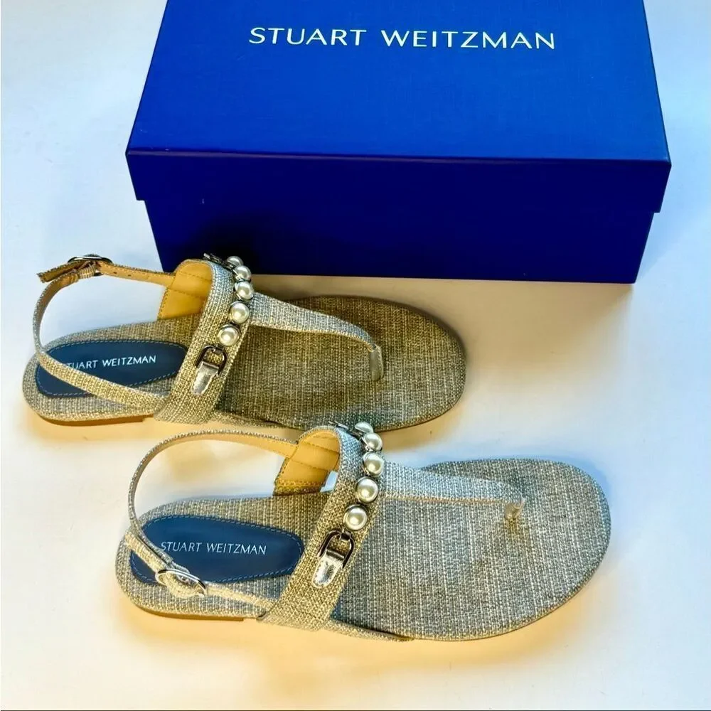 NEW Stuart Weitzman Perla women T-strap sandals in gray/light blue. Size 6